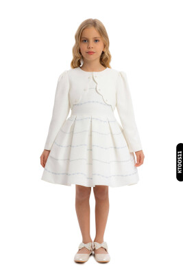 Bolerolu Yuvarlak Yakalı Çizgili 2'li Kız Çocuk Elbise 3-7 Yaş 34200 Ekru - Mavi 