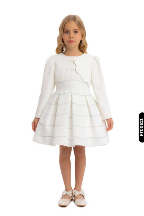 Bolerolu Yuvarlak Yakalı Çizgili 2'li Kız Çocuk Elbise 3-7 Yaş 34200 Ekru - Mavi - 1