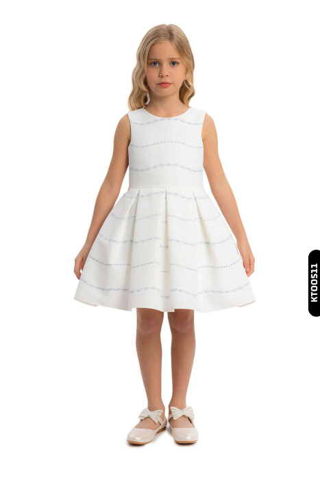 Bolerolu Yuvarlak Yakalı Çizgili 2'li Kız Çocuk Elbise 3-7 Yaş 34200 Ekru - Mavi - 3