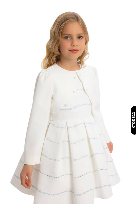 Bolerolu Yuvarlak Yakalı Çizgili 2'li Kız Çocuk Elbise 3-7 Yaş 34200 Ekru - Mavi - 6