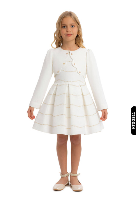 Bolerolu Yuvarlak Yakalı Çizgili 2'li Kız Çocuk Elbise 3-7 Yaş 34200 Ekru - Pembe - 2