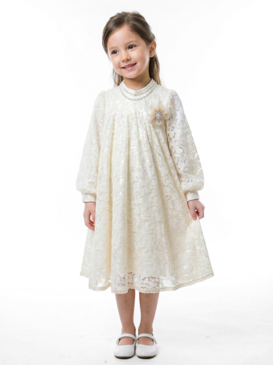 Kız Çocuk Elbise 4-9 Yaş 5936 Ekru - 1