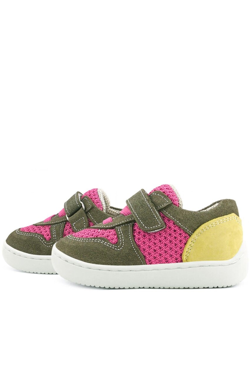 Rakerplus Bob Hakiki Deri Haki Yeşil Pembe Barefoot Cırtlı Lastikli Bebek Sneaker Ayakkabı - 56