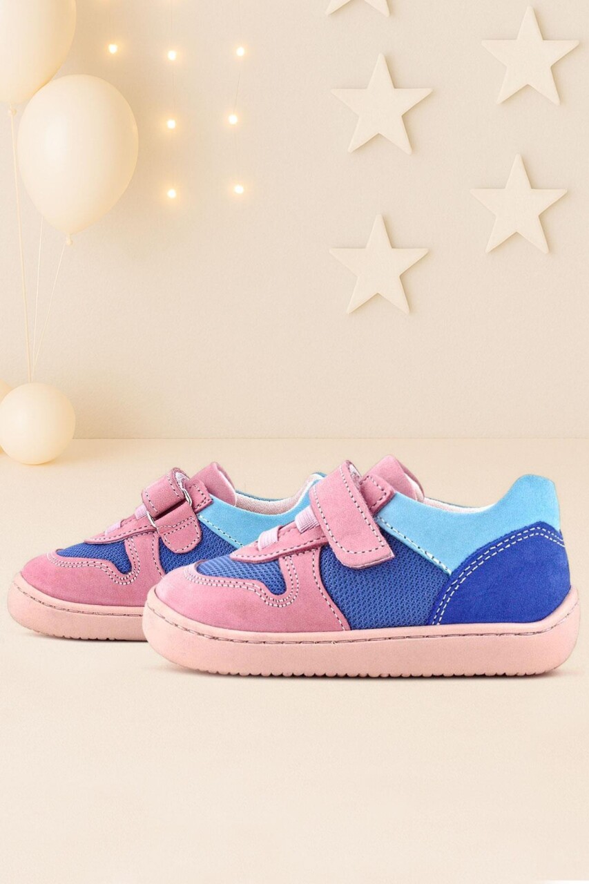 Rakerplus Bob Hakiki Deri Mavi Pembe Barefoot Cırtlı Lastikli Bebek Sneaker Ayakkabı - 1