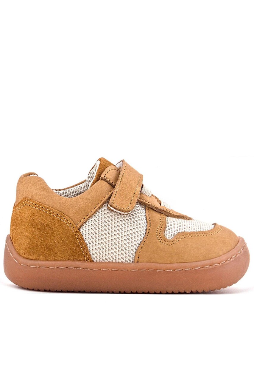 Rakerplus Bob Hakiki Deri Taba Krem Barefoot Cırtlı Lastikli Bebek Sneaker Ayakkabı - 3