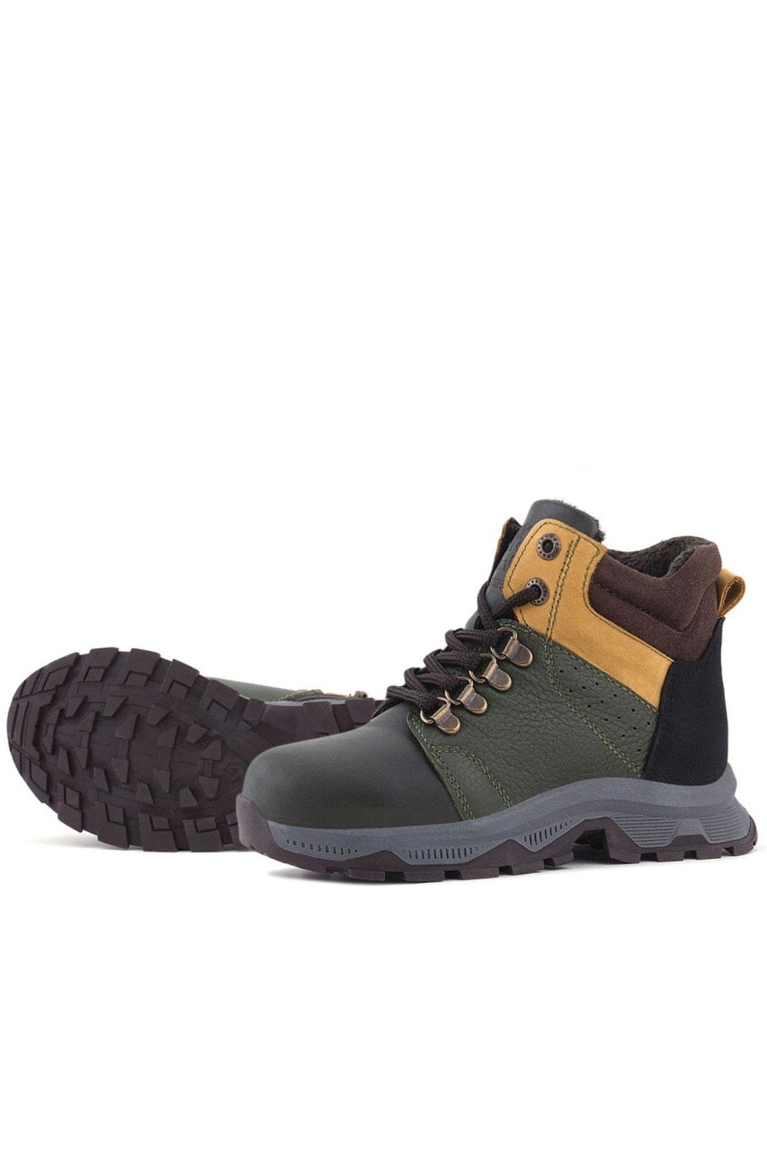 Rakerplus Hakiki Deri Haki Yeşil Sarı Fermuarlı Trekking Çocuk Bot - 7