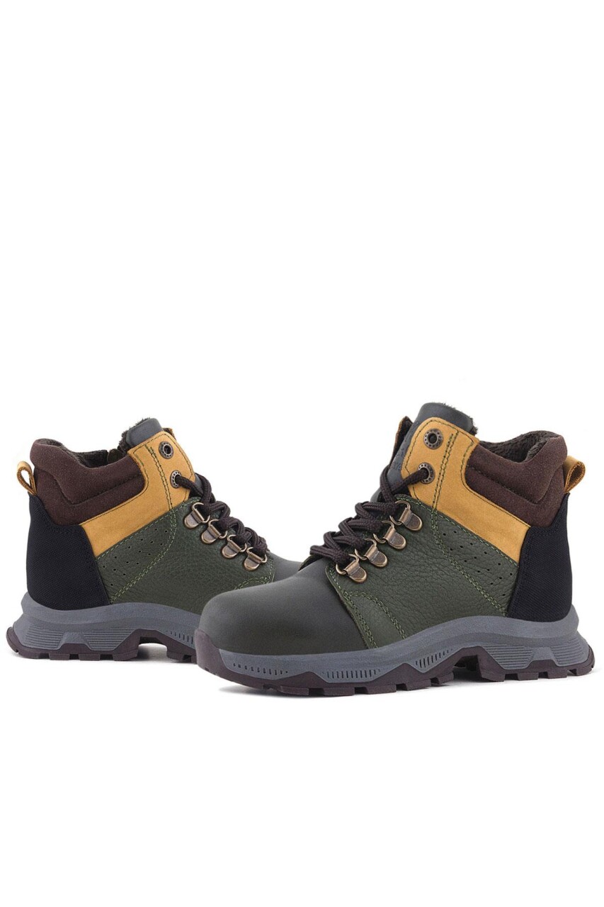 Rakerplus Hakiki Deri Haki Yeşil Sarı Fermuarlı Trekking Çocuk Bot - 8