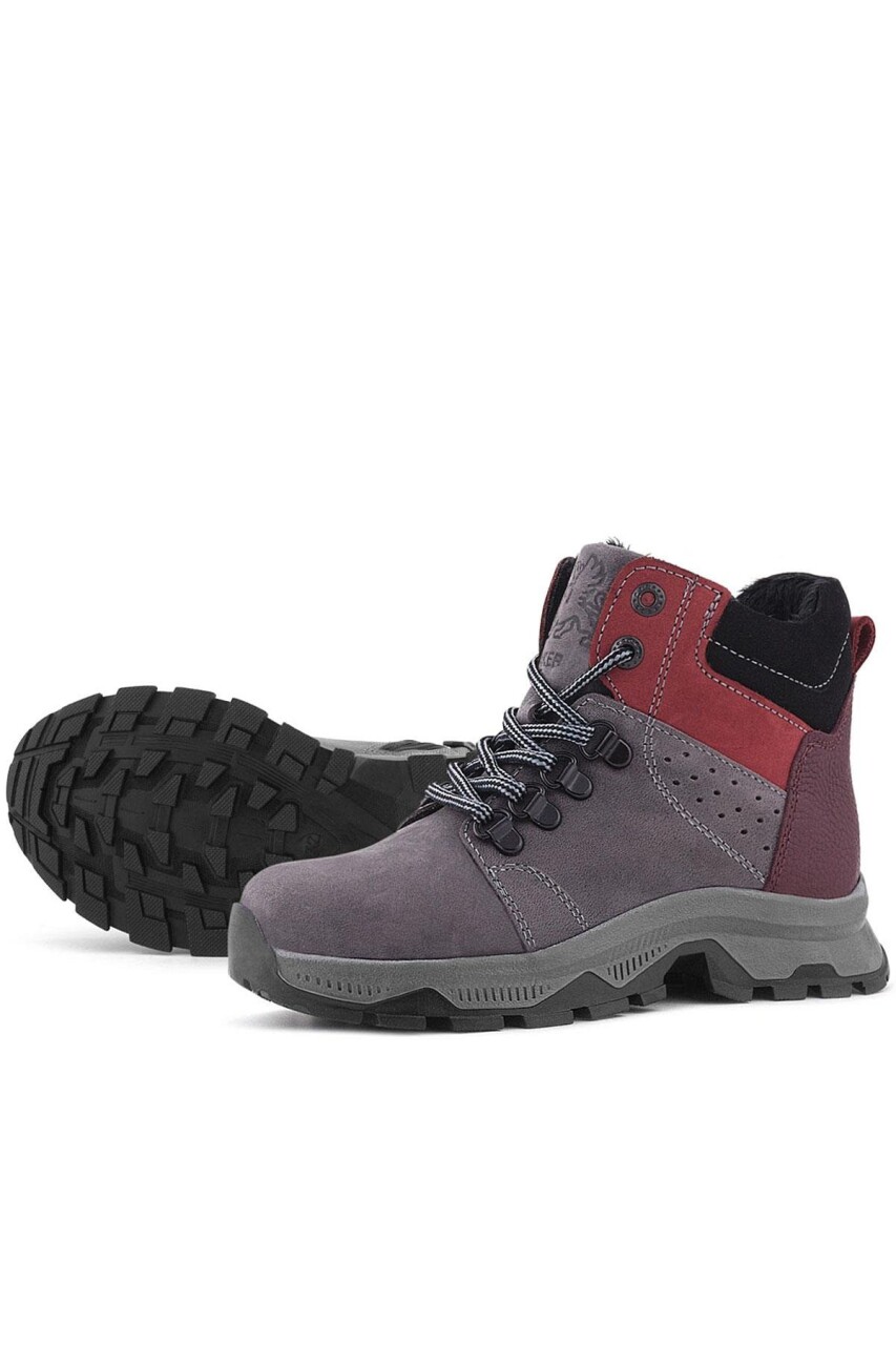 Rakerplus Hakiki Deri Gri Bordo Fermuarlı Trekking Çocuk Bot - 61