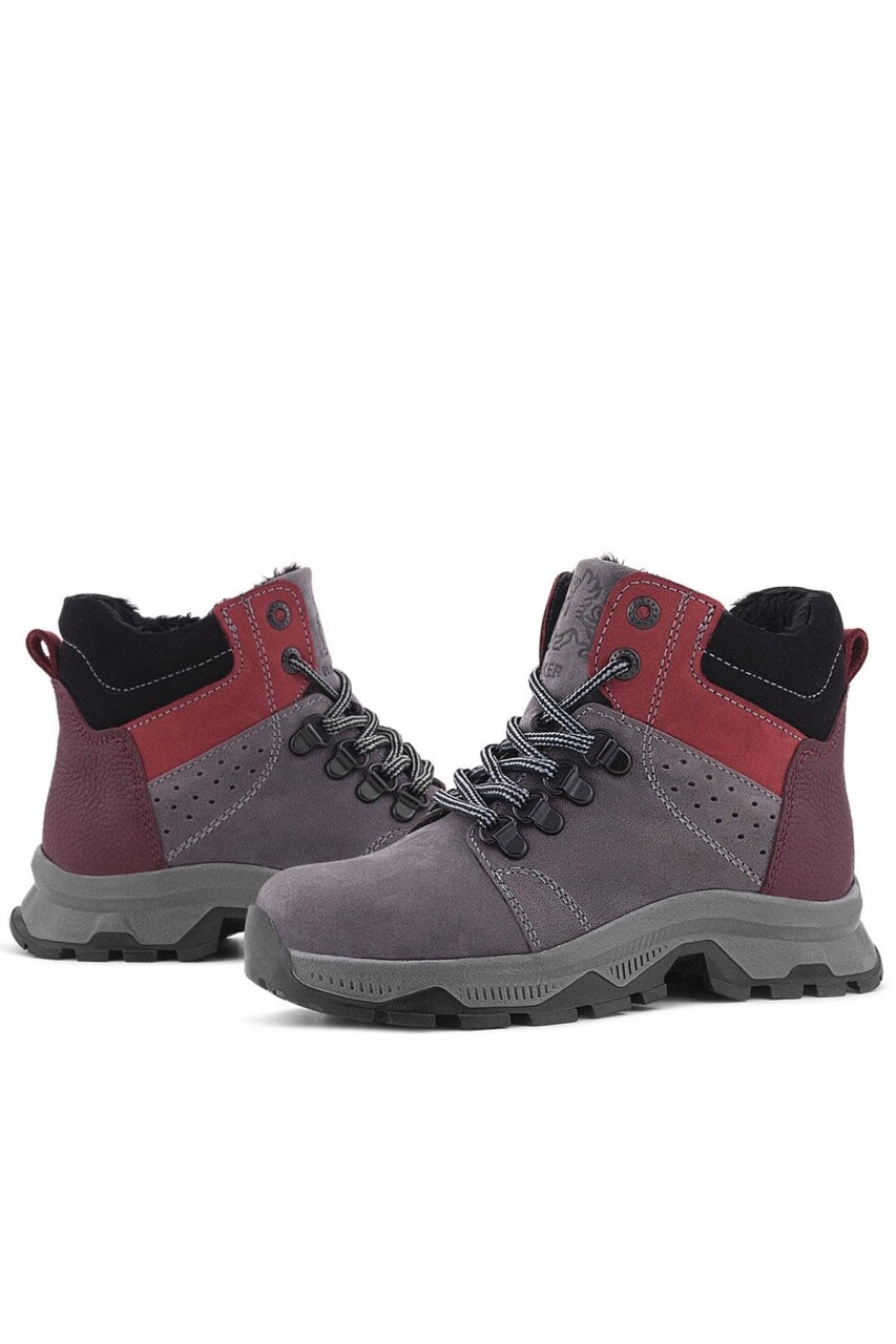 Rakerplus Hakiki Deri Gri Bordo Fermuarlı Trekking Çocuk Bot - 80