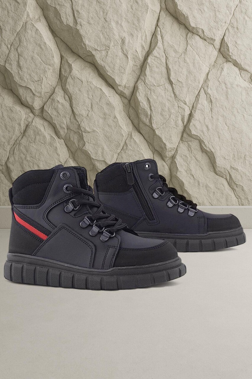 Rakerplus Hakiki Deri Siyah Kırmızı Fermuarlı Erkek Çocuk Bot - 46