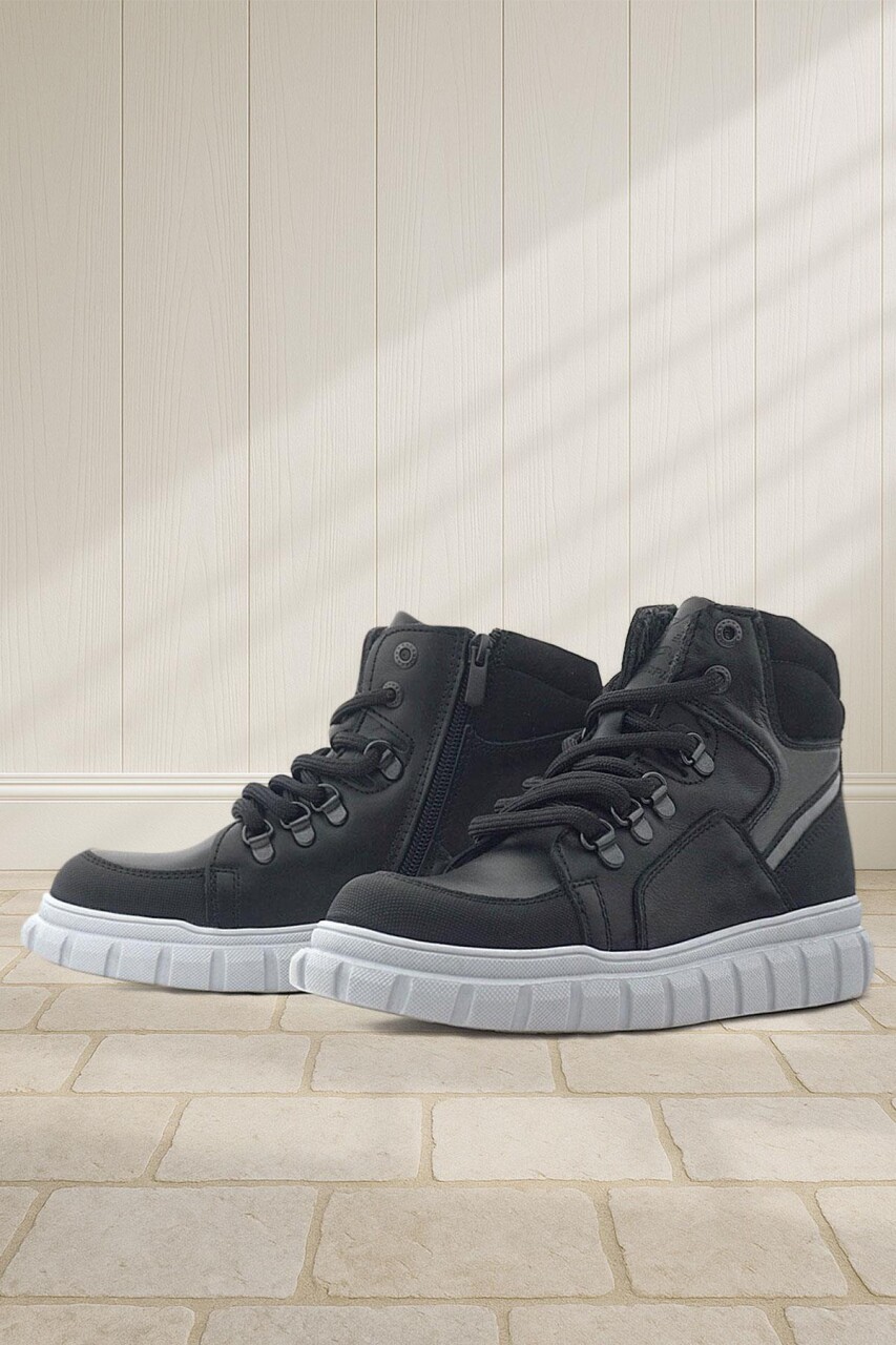 Rakerplus Hakiki Deri Siyah Gri Fermuarlı Erkek Çocuk Bot - 1