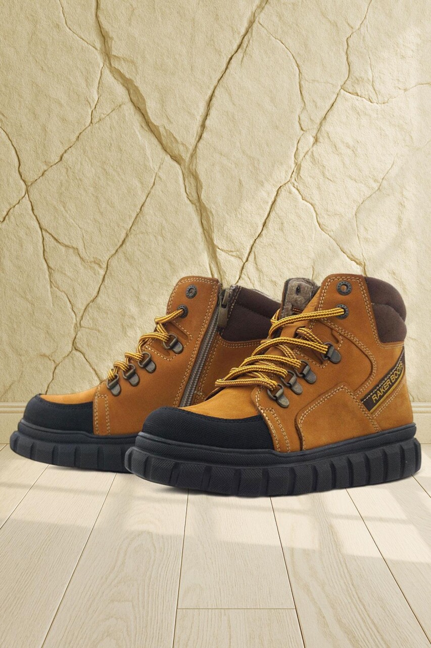 Rakerplus Hakiki Deri Sarı Kahverengi Fermuarlı Erkek Çocuk Bot - 1