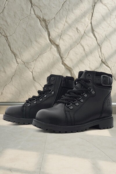 Hakiki Deri Siyah Gerçek Kürklü Bağcıklı Fermuarlı Çocuk Botu - Rakerplus