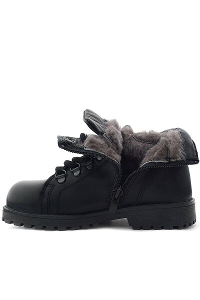 Hakiki Deri Siyah Gerçek Kürklü Bağcıklı Fermuarlı Çocuk Botu - 4