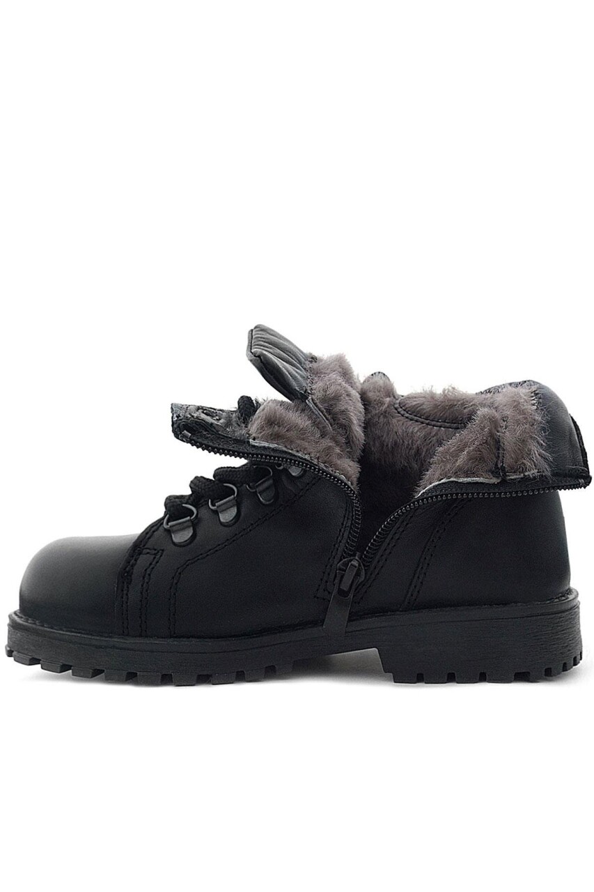 Hakiki Deri Siyah Gerçek Kürklü Bağcıklı Fermuarlı Çocuk Botu - 4