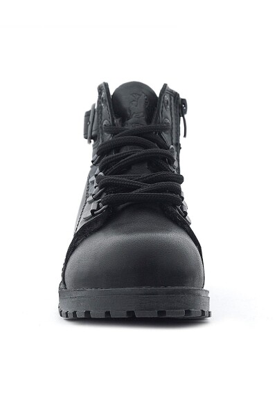 Hakiki Deri Siyah Gerçek Kürklü Bağcıklı Fermuarlı Çocuk Botu - 6