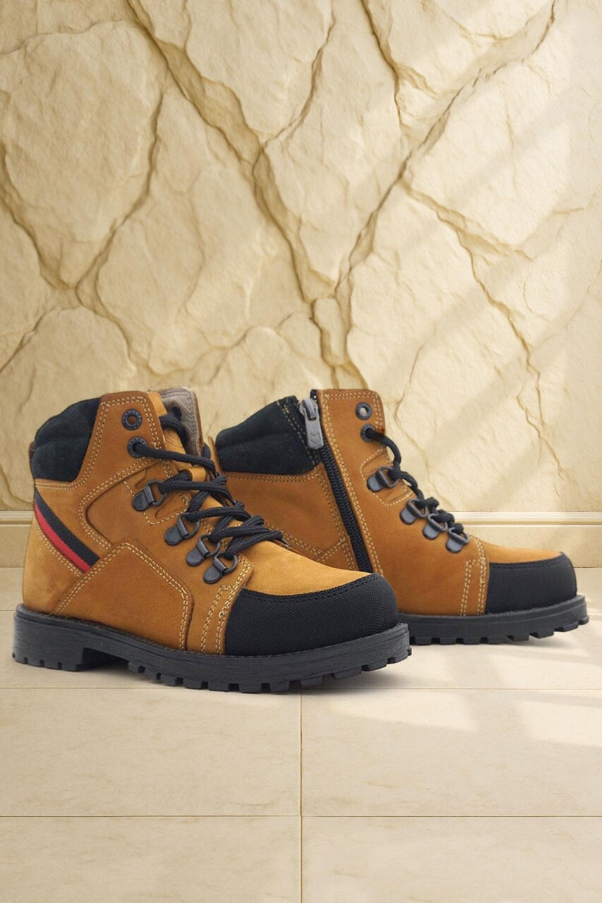 Rakerplus Hakiki Deri Sarı Bağcıklı Fermuarlı Çocuk Bot - 1