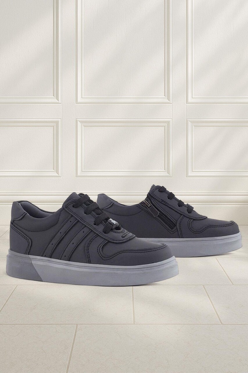 Rakerplus Hakiki Deri Siyah Gri Tabanlı Günlük Erkek Çocuk Okul Ayakkabısı - 43