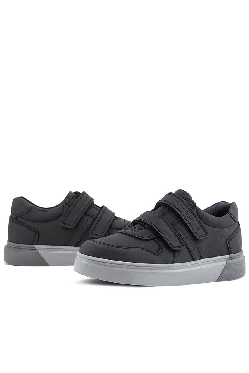 Rakerplus Hakiki Deri Siyah Cilt Gri Tabanlı Cırtlı Erkek Çocuk Sneaker - 35