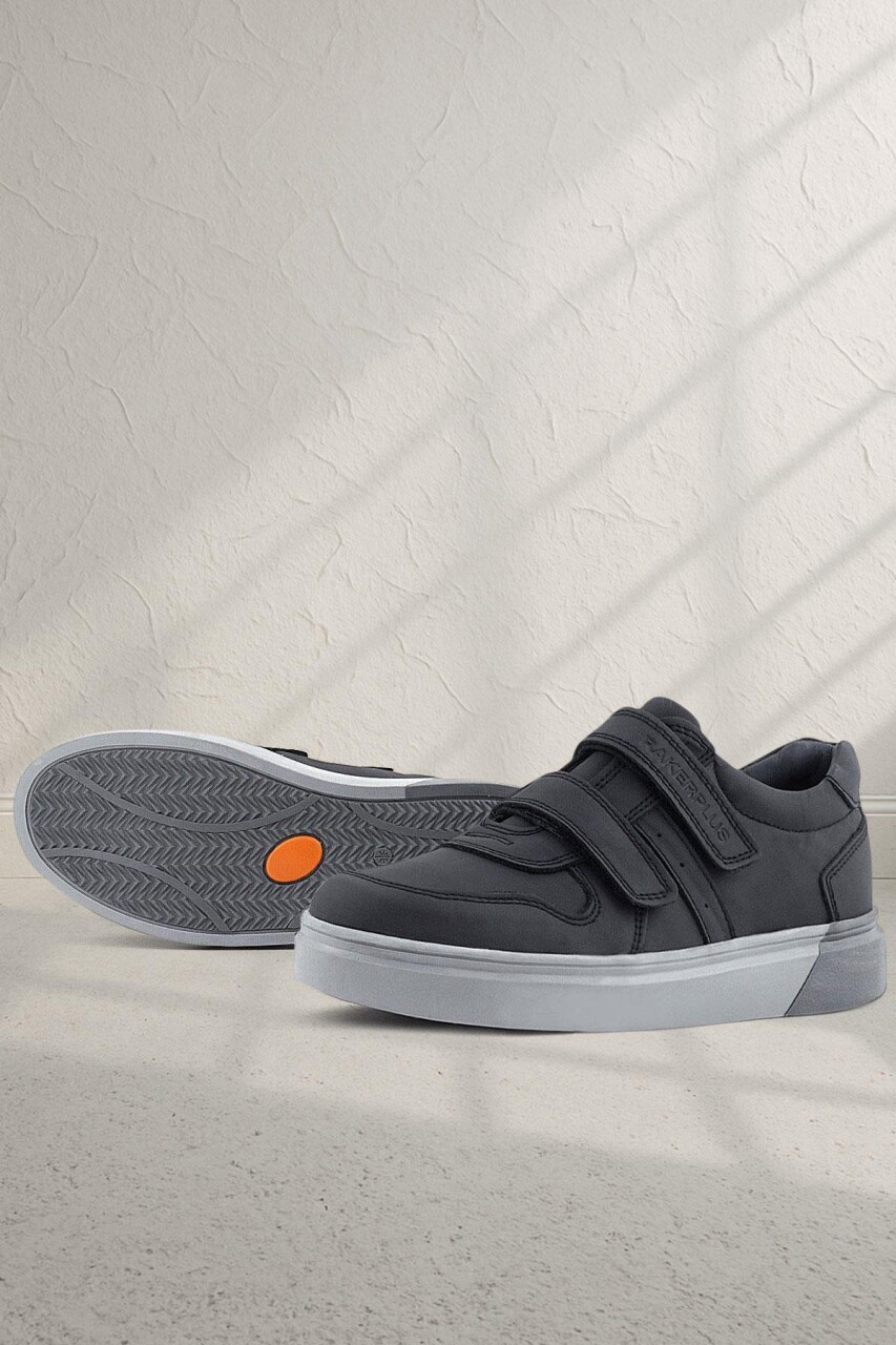 Rakerplus Hakiki Deri Siyah Cilt Gri Tabanlı Cırtlı Erkek Çocuk Sneaker - 40