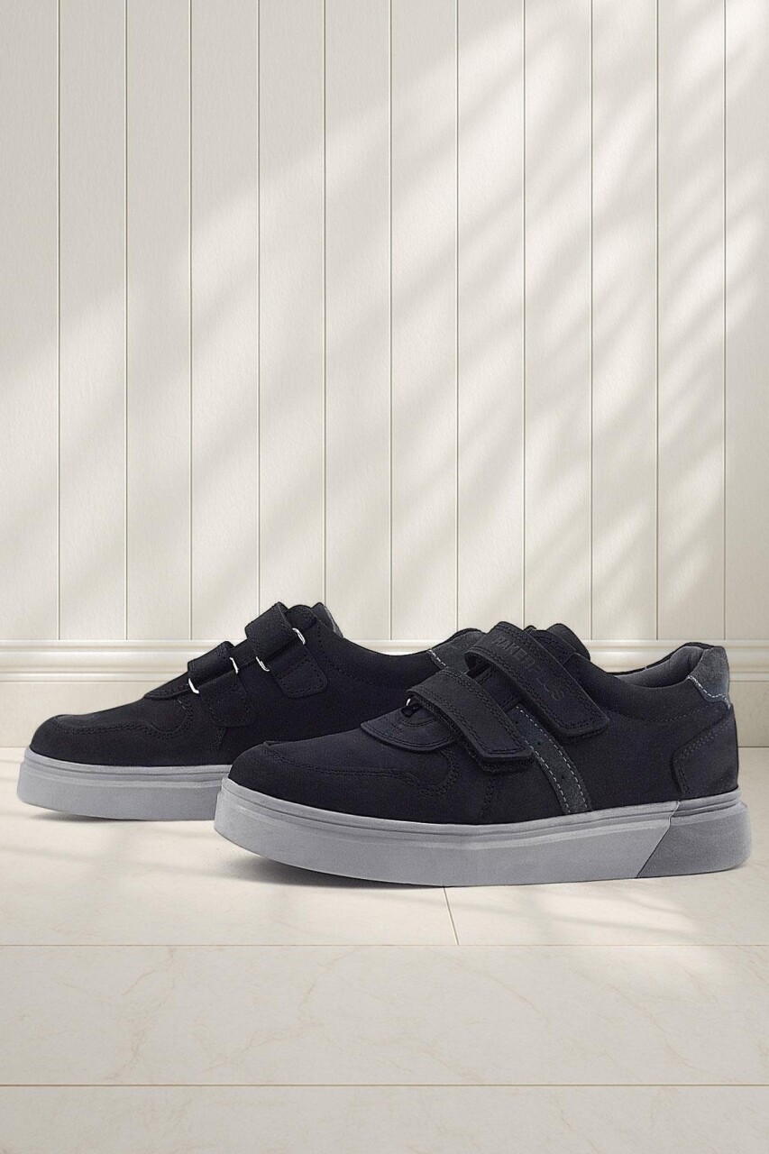 Rakerplus Hakiki Deri Siyah Nubuk Gri Cırtlı Erkek Çocuk Sneaker - 1