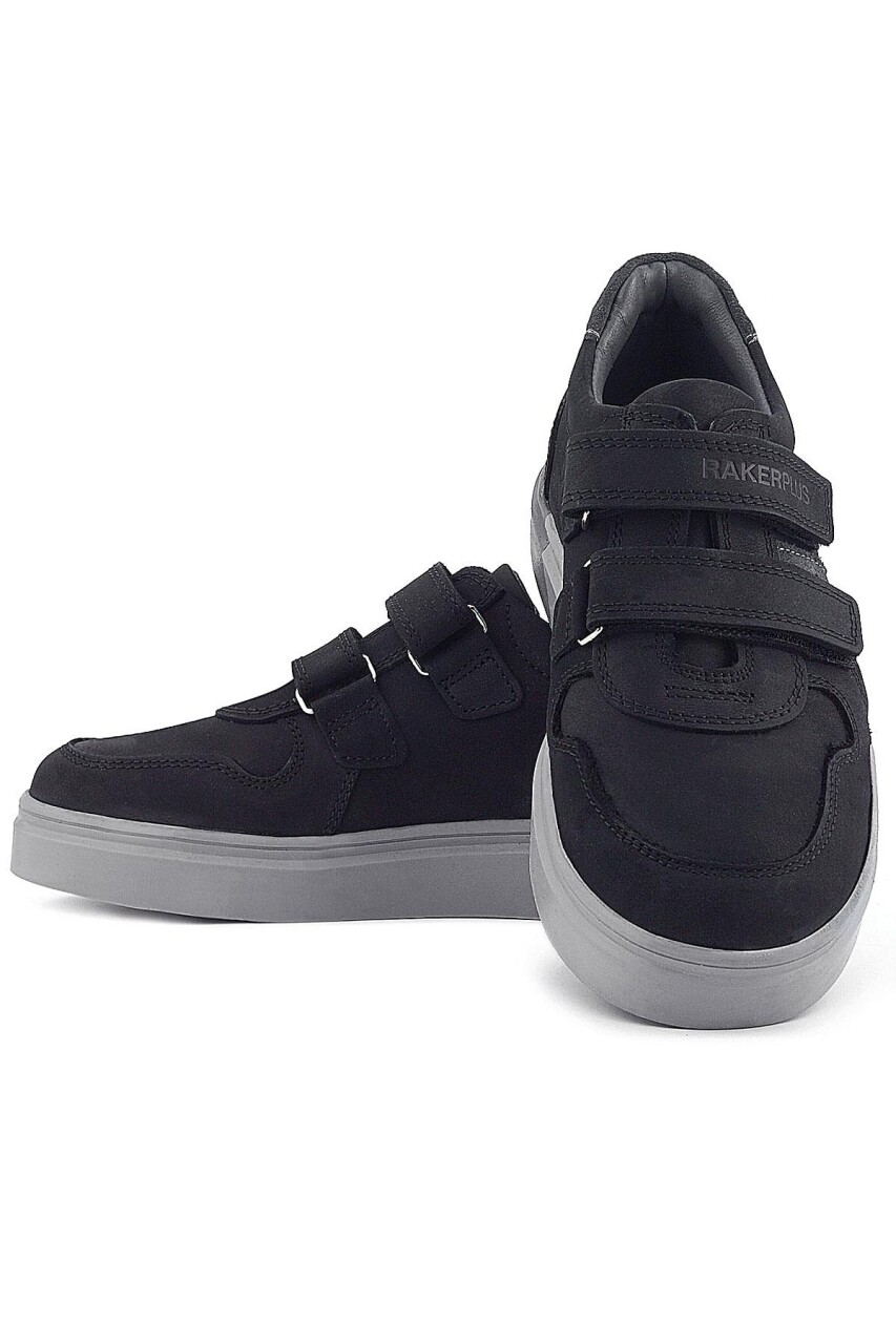 Rakerplus Hakiki Deri Siyah Nubuk Gri Cırtlı Erkek Çocuk Sneaker - 9