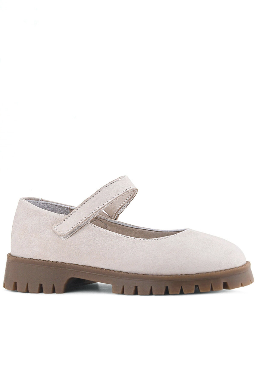 Rakerplus Hakiki Deri Krem Nubuk Cırtlı Kalın Tabanlı Kız Çocuk Okul Ayakkabısı - 1