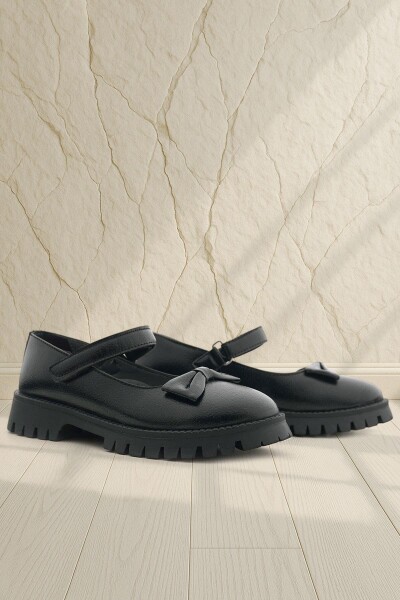 Rakerplus Siyah Kırışık Rugan Kalın Tabanlı Cırtlı Kız Çocuk Babet - Rakerplus