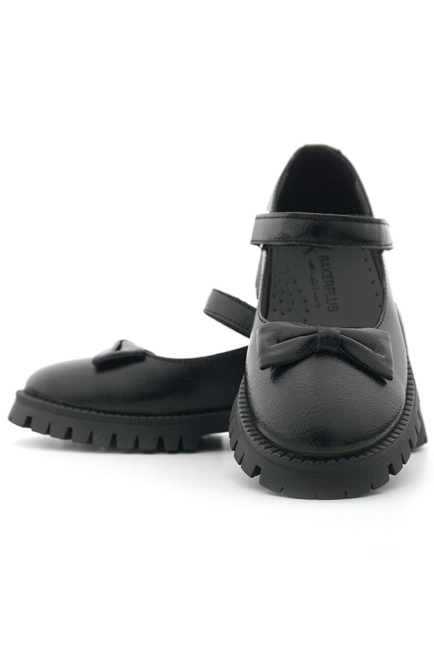 Rakerplus Siyah Kırışık Rugan Kalın Tabanlı Cırtlı Kız Çocuk Babet - 9