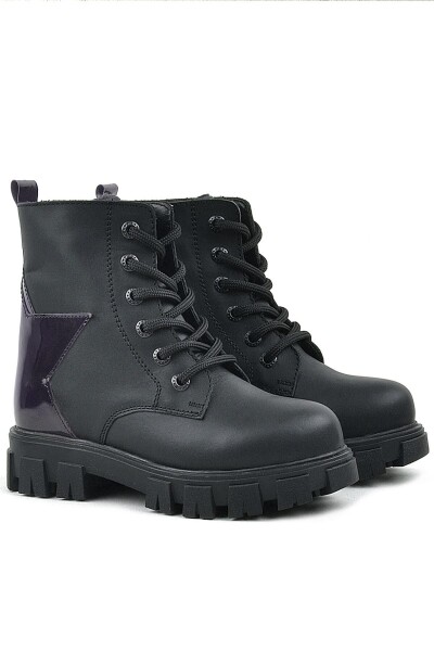 Rakerplus Siyah Hakiki Deri Platin Yıldız Detaylı Kız Çocuk Bot - 12