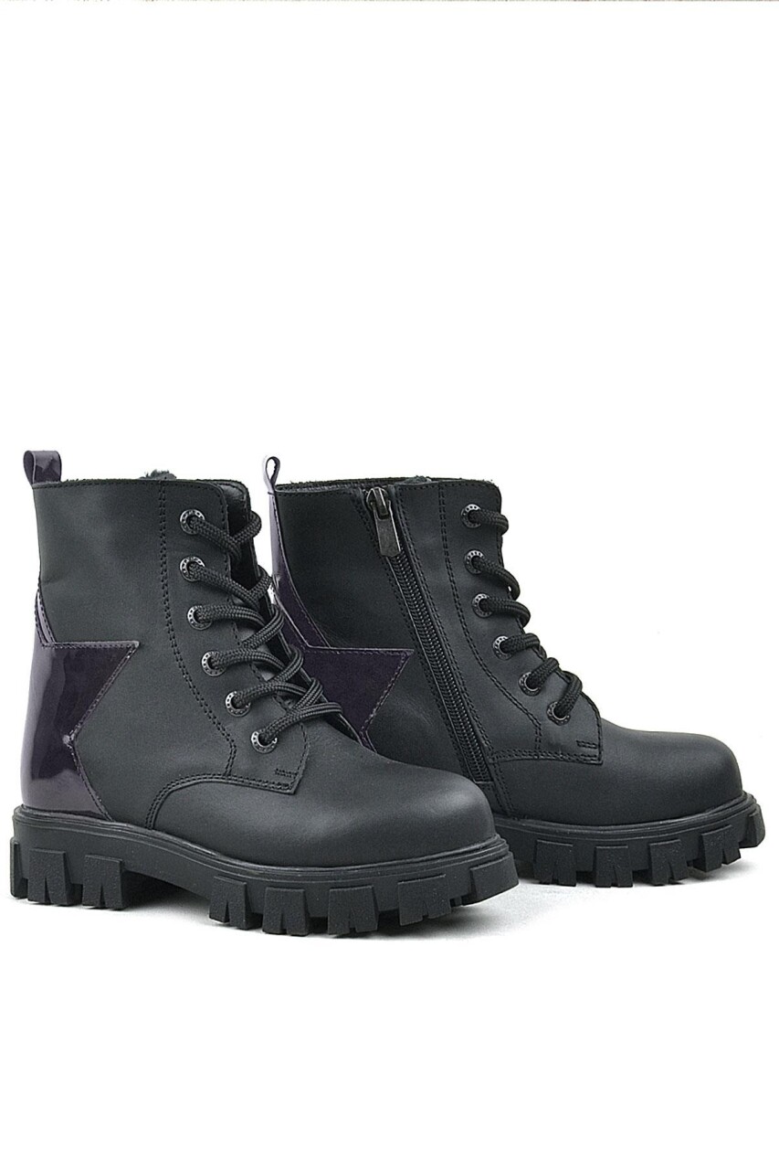 Rakerplus Siyah Hakiki Deri Platin Yıldız Detaylı Kız Çocuk Bot - 13