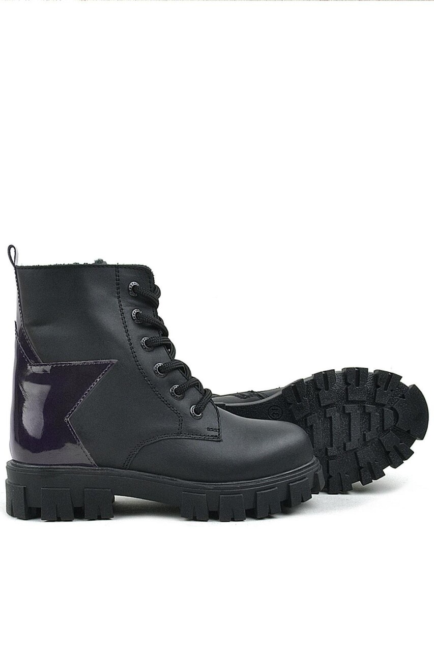 Rakerplus Siyah Hakiki Deri Platin Yıldız Detaylı Kız Çocuk Bot - 14