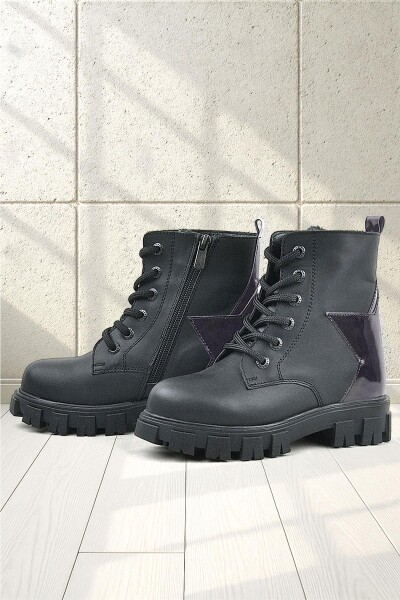 Rakerplus Siyah Hakiki Deri Platin Yıldız Detaylı Kız Çocuk Bot - 15