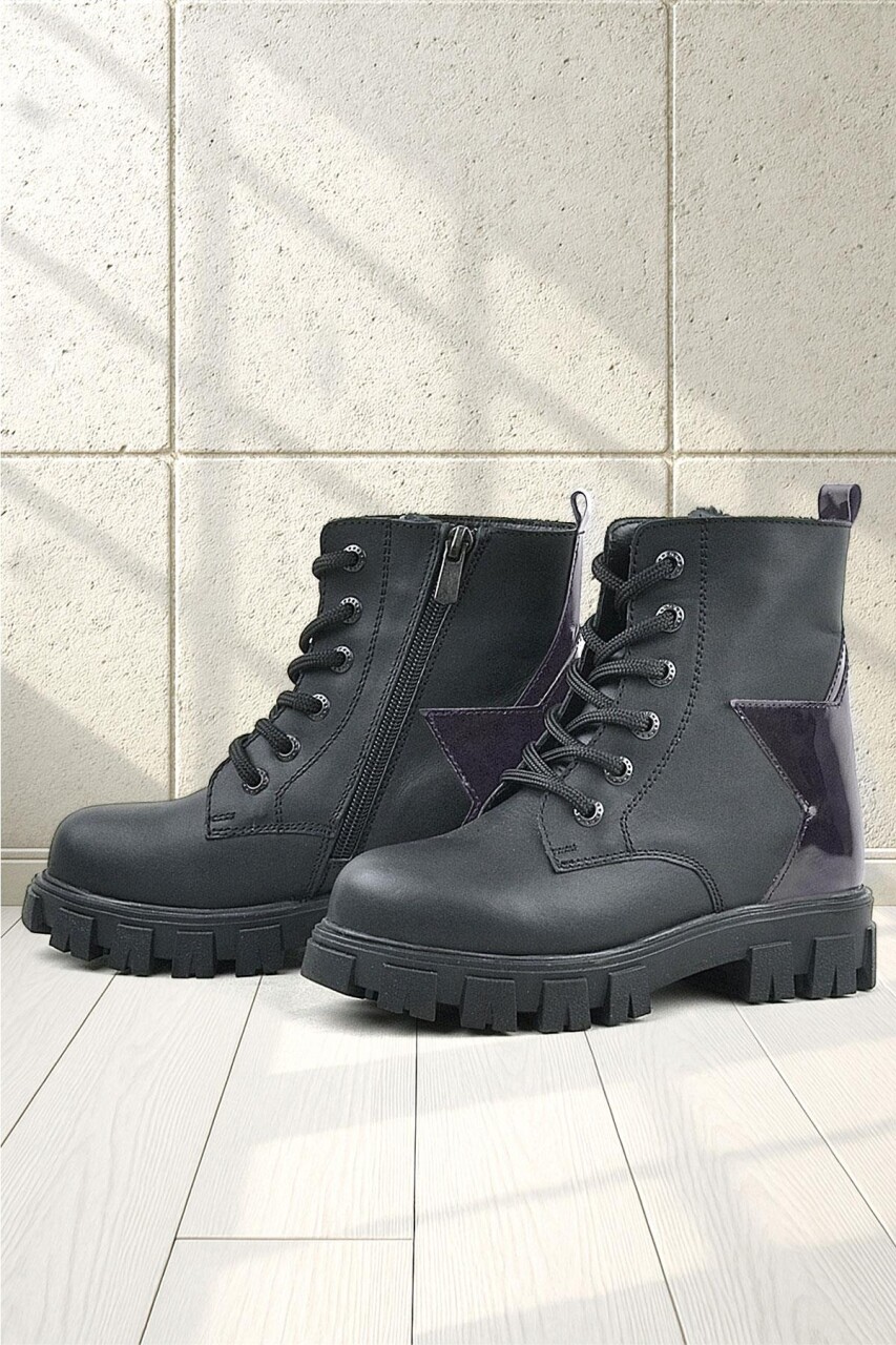 Rakerplus Siyah Hakiki Deri Platin Yıldız Detaylı Kız Çocuk Bot - 22