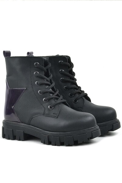 Rakerplus Siyah Hakiki Deri Platin Yıldız Detaylı Kız Çocuk Bot - 33