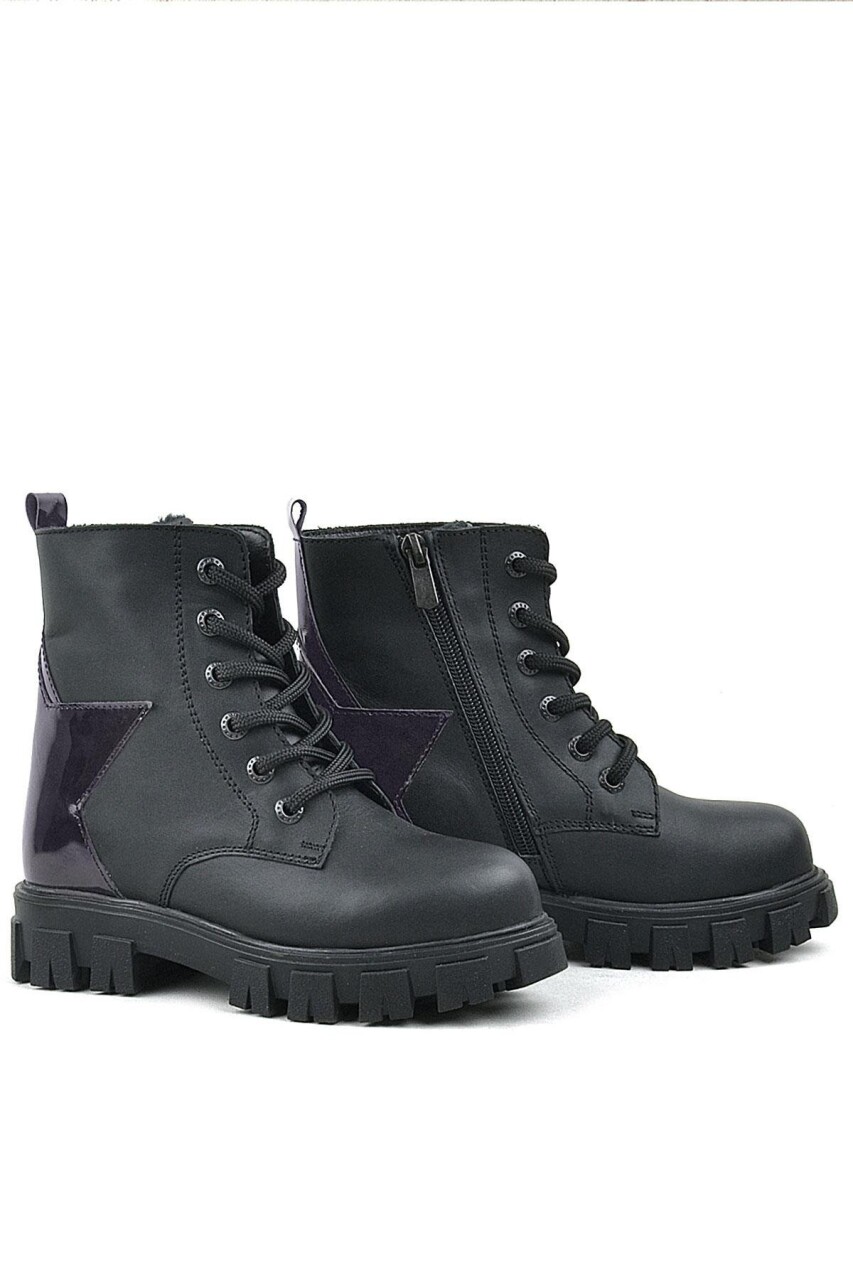 Rakerplus Siyah Hakiki Deri Platin Yıldız Detaylı Kız Çocuk Bot - 34