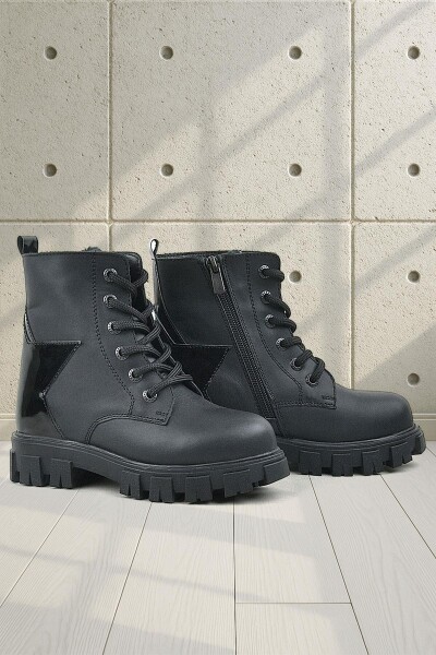 Rakerplus Hakiki Deri Siyah Yıldız Detaylı Kız Çocuk Bot - Rakerplus