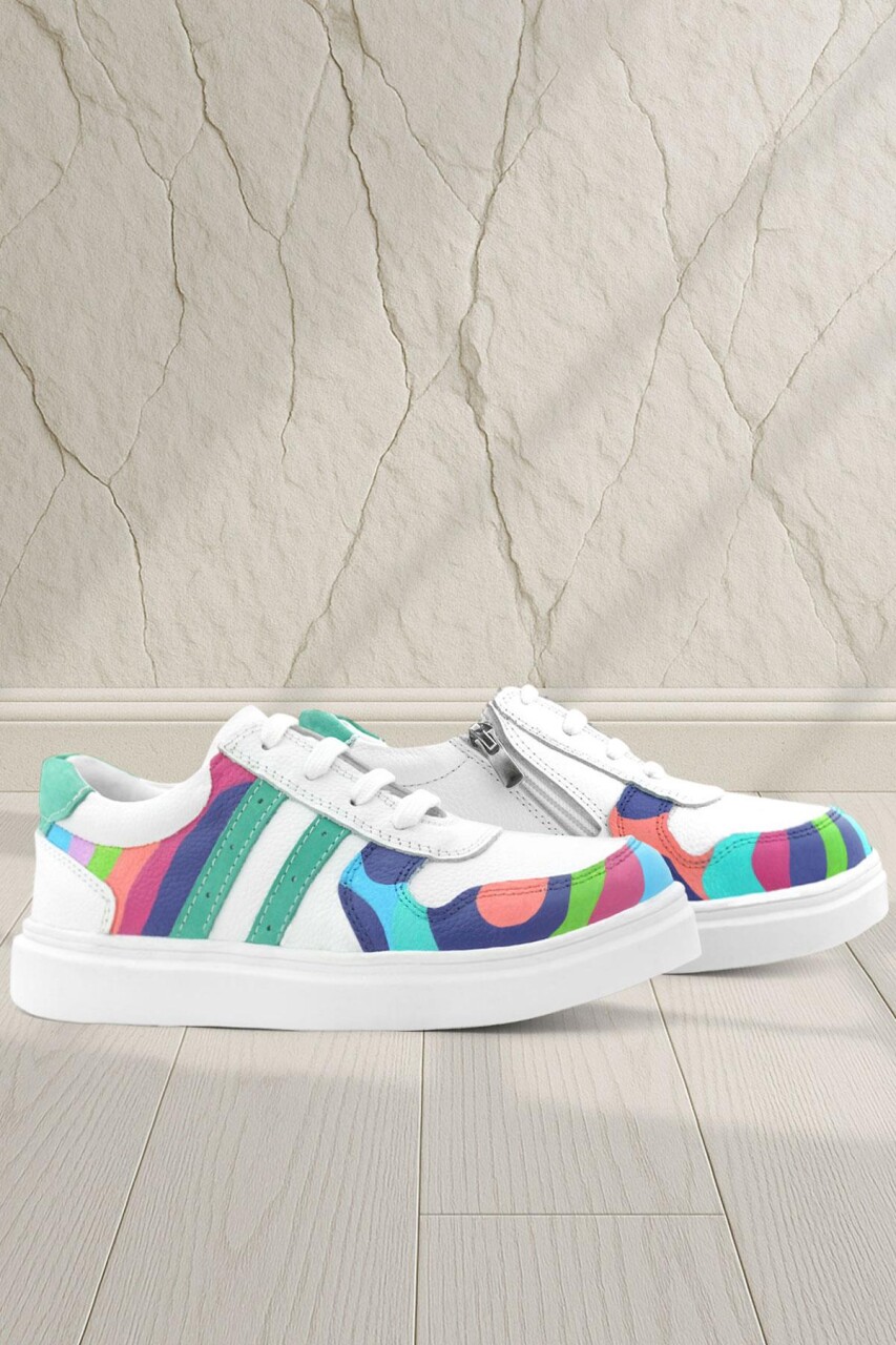 Rakerplus Tbons Özel Tasarım Hakiki Deri Beyaz Yeşil Bağcıklı Fermuarlı Çocuk Sneaker - 1