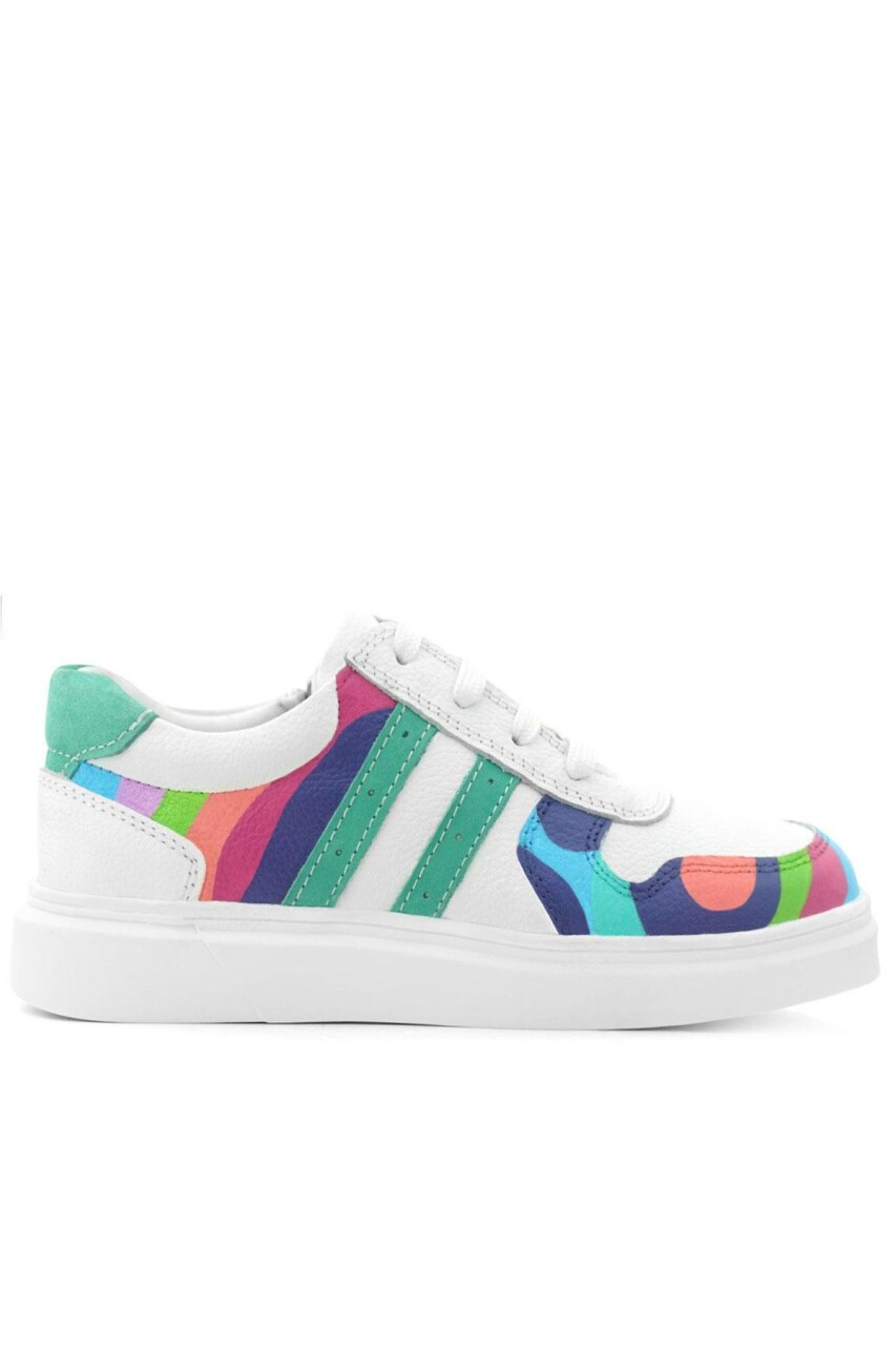 Rakerplus Tbons Özel Tasarım Hakiki Deri Beyaz Yeşil Bağcıklı Fermuarlı Çocuk Sneaker - 3