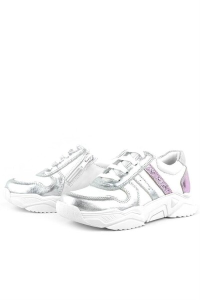 Rakerplus Hakiki Deri Gümüş Pembe Kalın Tabanlı Kız Çocuk Sneakers Ayakkabı - 74