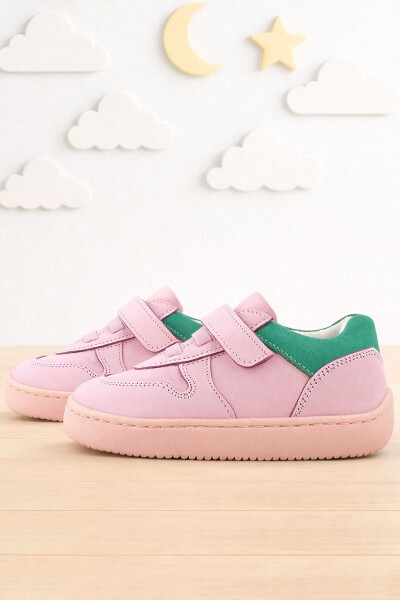 Rakerplus Bob Hakiki Deri Pembe Yeşil Barefoot Cırtlı Lastikli Bebek Sneaker Ayakkabı - Rakerplus