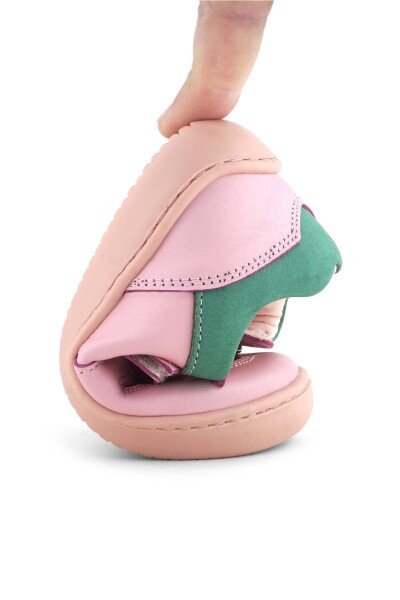 Rakerplus Bob Hakiki Deri Pembe Yeşil Barefoot Cırtlı Lastikli Bebek Sneaker Ayakkabı - 9
