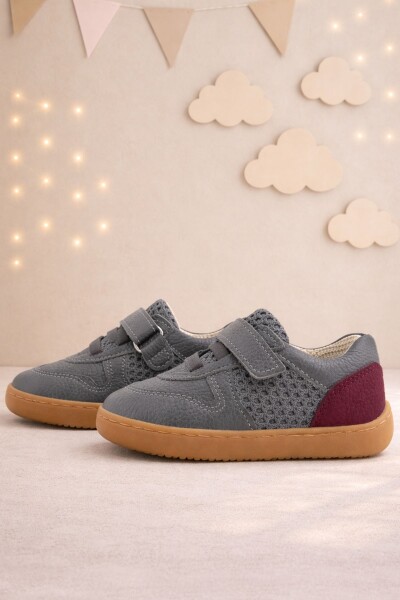 Rakerplus Bob Hakiki Deri Gri Bordo Barefoot Cırtlı Lastikli Bebek Sneaker Ayakkabı - Rakerplus