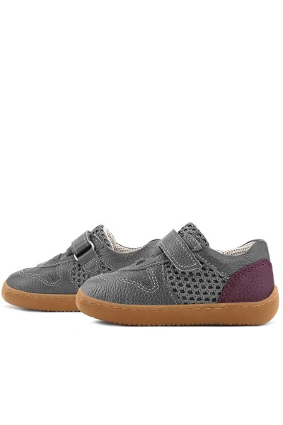 Rakerplus Bob Hakiki Deri Gri Bordo Barefoot Cırtlı Lastikli Bebek Sneaker Ayakkabı - 6