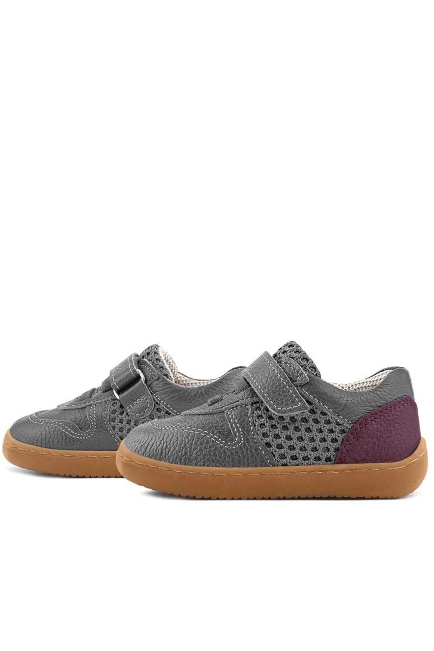 Rakerplus Bob Hakiki Deri Gri Bordo Barefoot Cırtlı Lastikli Bebek Sneaker Ayakkabı - 6