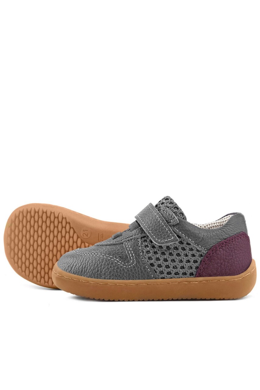 Rakerplus Bob Hakiki Deri Gri Bordo Barefoot Cırtlı Lastikli Bebek Sneaker Ayakkabı - 7