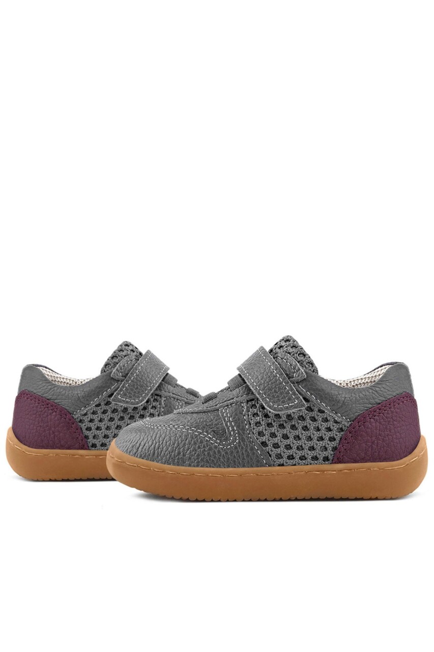 Rakerplus Bob Hakiki Deri Gri Bordo Barefoot Cırtlı Lastikli Bebek Sneaker Ayakkabı - 8