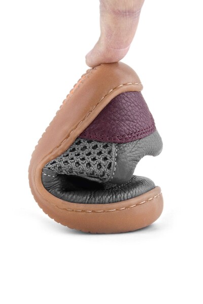 Rakerplus Bob Hakiki Deri Gri Bordo Barefoot Cırtlı Lastikli Bebek Sneaker Ayakkabı - 9