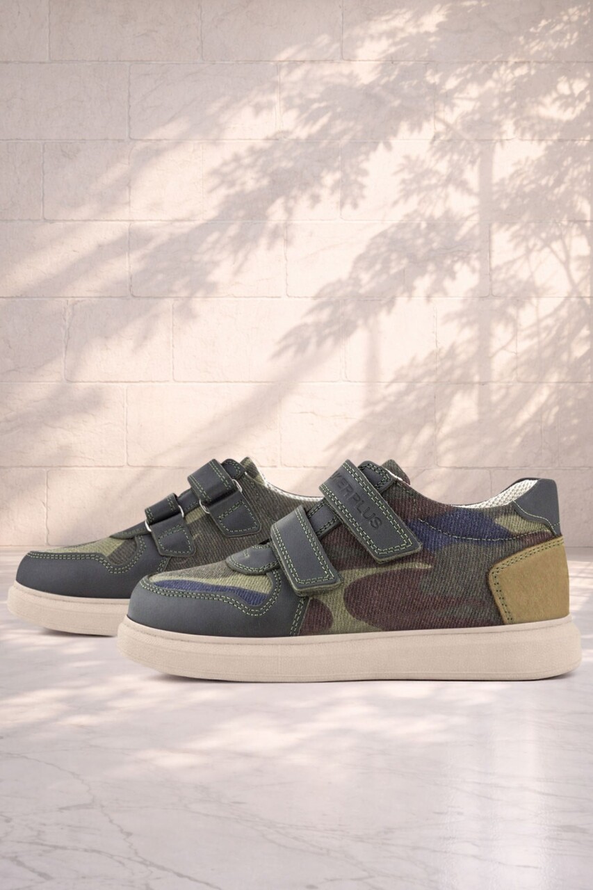 Rakerplus Hakiki Deri Haki Kamuflaj Desenli Cırtlı Hafif Tabanlı Erkek Çocuk Spor Ayakkabı - 1