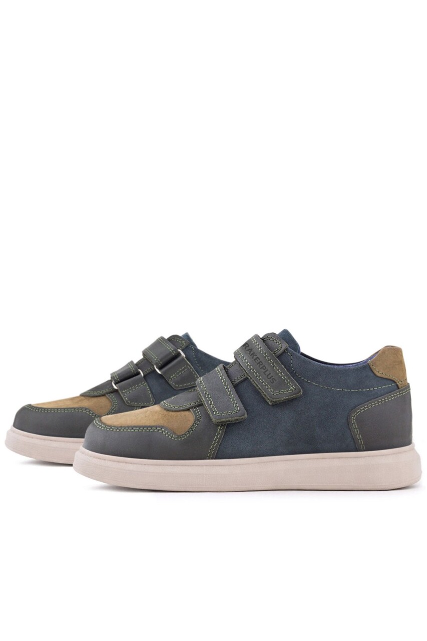 Rakerplus Hakiki Deri Haki Yeşil Lacivert Cırtlı Hafif Tabanlı Erkek Çocuk Spor Ayakkabı - 6